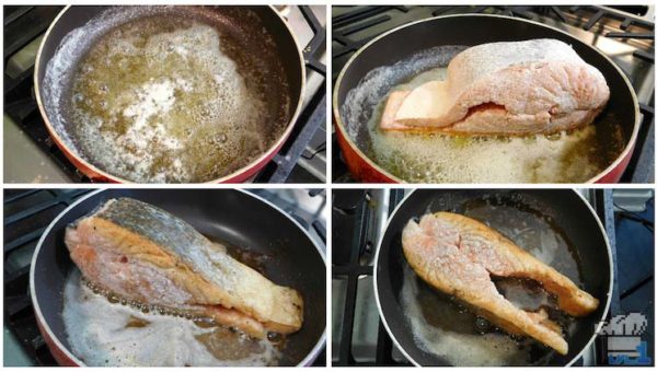 Pan searing the salmon filet on all sides in a hot pan to make the skin nice and crispy.