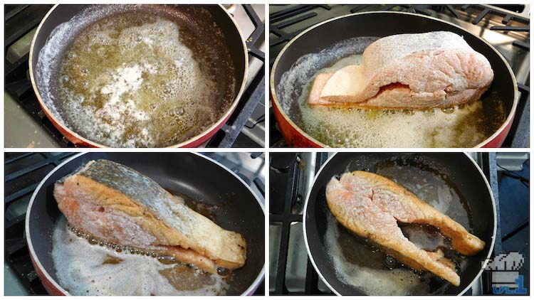 Pan searing the salmon filet on all sides in a hot pan to make the skin nice and crispy.