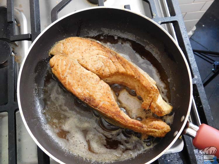 Pan searing the Salmon Meuniere filet for the Legend of Zelda Breath of the Wild game series.