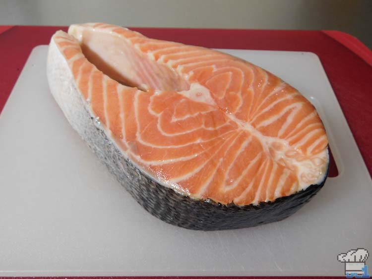 Raw fish glamour shot of the salmon filet for the Salmon Meuniere recipe from the Legend of Zelda Breath of the Wild game series.
