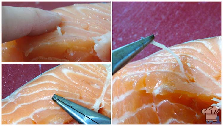 Removing the pin bones from the Salmon Meuniere filet before pan frying.