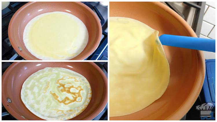 Making crepes in a conventional pan on a household oven, cooking evenly on both sides before adding all of the garnishes.