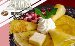 Finished recipe of the wild berry, honey and plain crepes recipes compared to the pixel sprite game item from the Legend of Zelda Breath of the Wild game series.