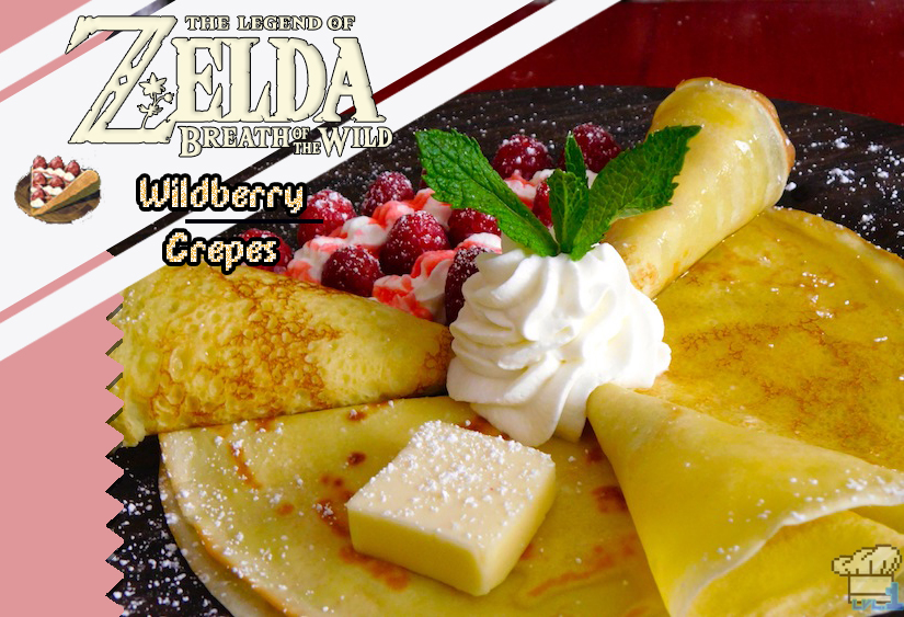 Finished recipe of the wild berry, honey and plain crepes recipes compared to the pixel sprite game item from the Legend of Zelda Breath of the Wild game series.