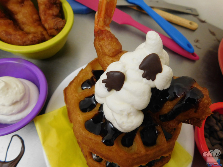 Home made chocolate squid sprinkles adorn the Deep Fried Super Shwaffle food item from the Splatoon video game series.
