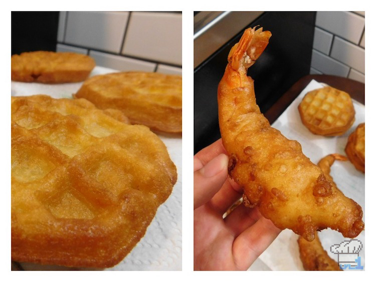 Finished deep fried Eggo waffle and shrimp tempura prior to assembling the Super Shwaffle food item from the Splatoon video game series.