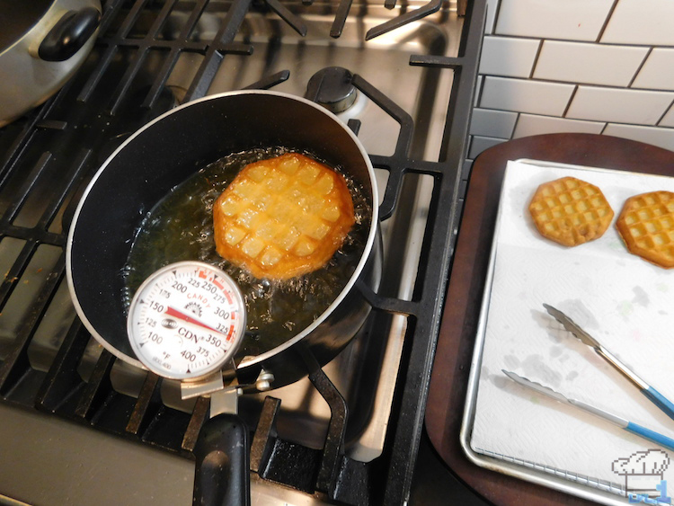 Deep frying the Eggo waffles to make them super crispy for the Super Shwaffle from the Splatoon video game series.