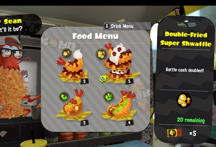 In-game screen shot of the food items available on the food truck menu, including the deep fried super shwaffle from the Splatoon video game series.