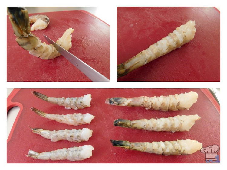 Slicing the belly of the shrimp so that they lay flat on the cutting board, before breading them and deep frying them for the Super Shwaffle food item from the Splatoon video game series.