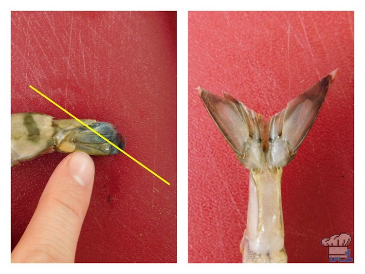 Trimming shrimp tails at an angle before deep frying, for Splatoon 2 Super Shwaffle video game recipe.