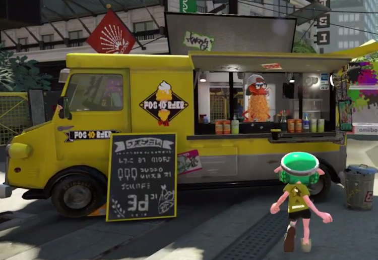 In-game screenshot of character walking up to the shwaffle food truck to order food from Splatoon 2 game.