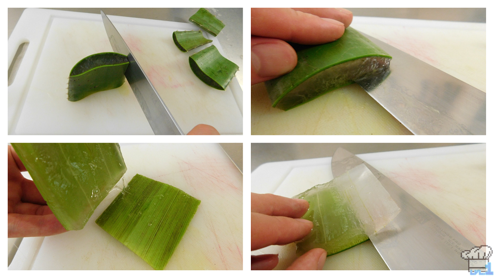 Cutting the rind off the Aloe Vera leaf for the Cactus Juice recipe from the Ever Oasis video game.