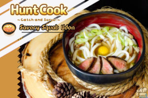 Finished recipe for the savory squab udon from the Hunt Cook: Catch and Serve mobile game