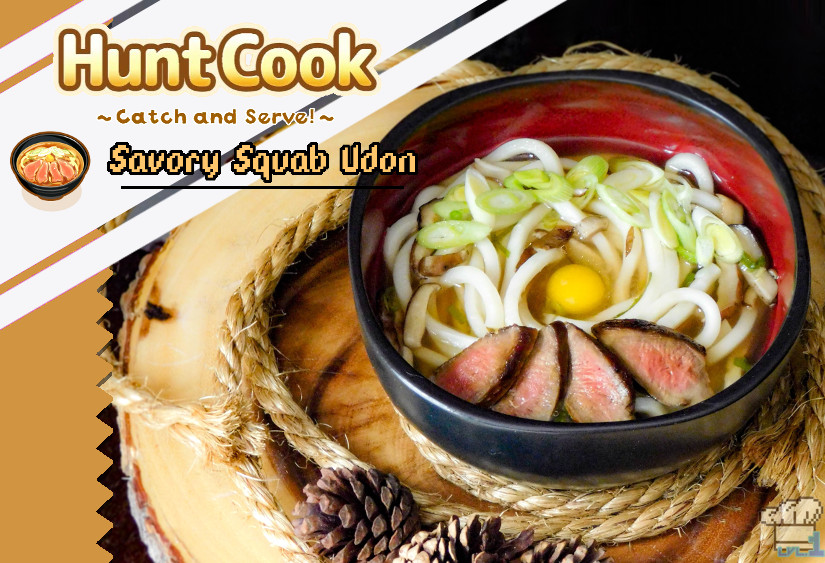 Finished recipe for the savory squab udon from the Hunt Cook: Catch and Serve mobile game