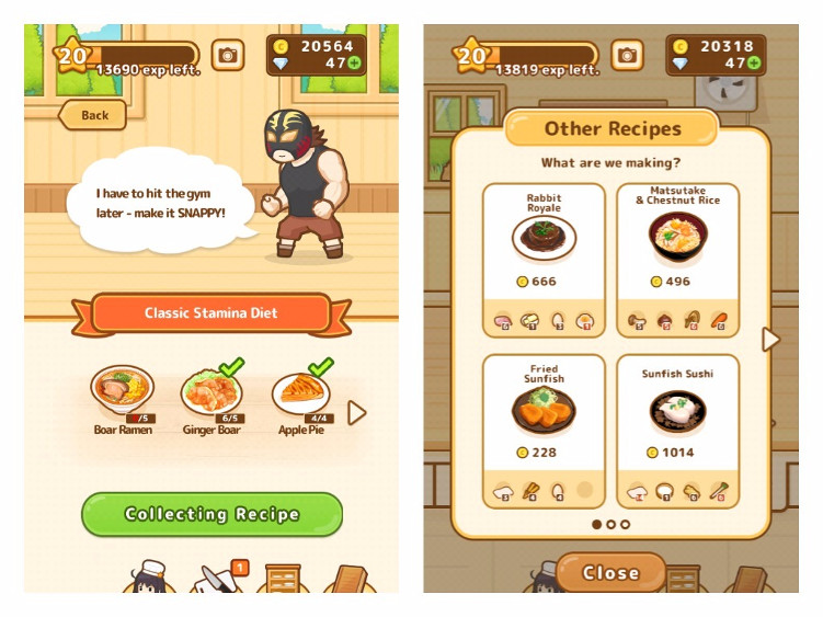Two screenshots showing recipes from the Hunt Cook: Catch and Serve mobile game