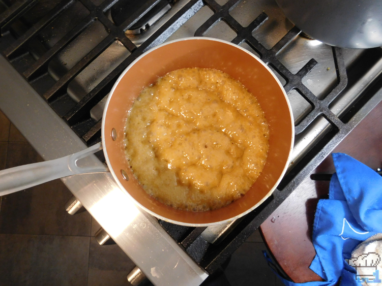 The brown sugar and butter foaming up for the honeyed apple recipe from the Legend of Zelda: Breath of the Wild video game