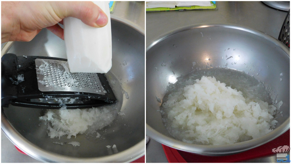 grating the daikon radish for the iceberg turnip pastry recipe from the battle chef brigade video game