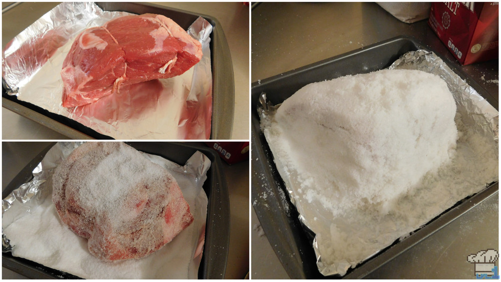 covering our steak with salt for the stupendous stew recipe from the Super Mario Odyssey video game