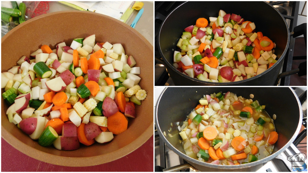 cooking the veggies for the stupendous stew recipe from the super mario odyssey video game